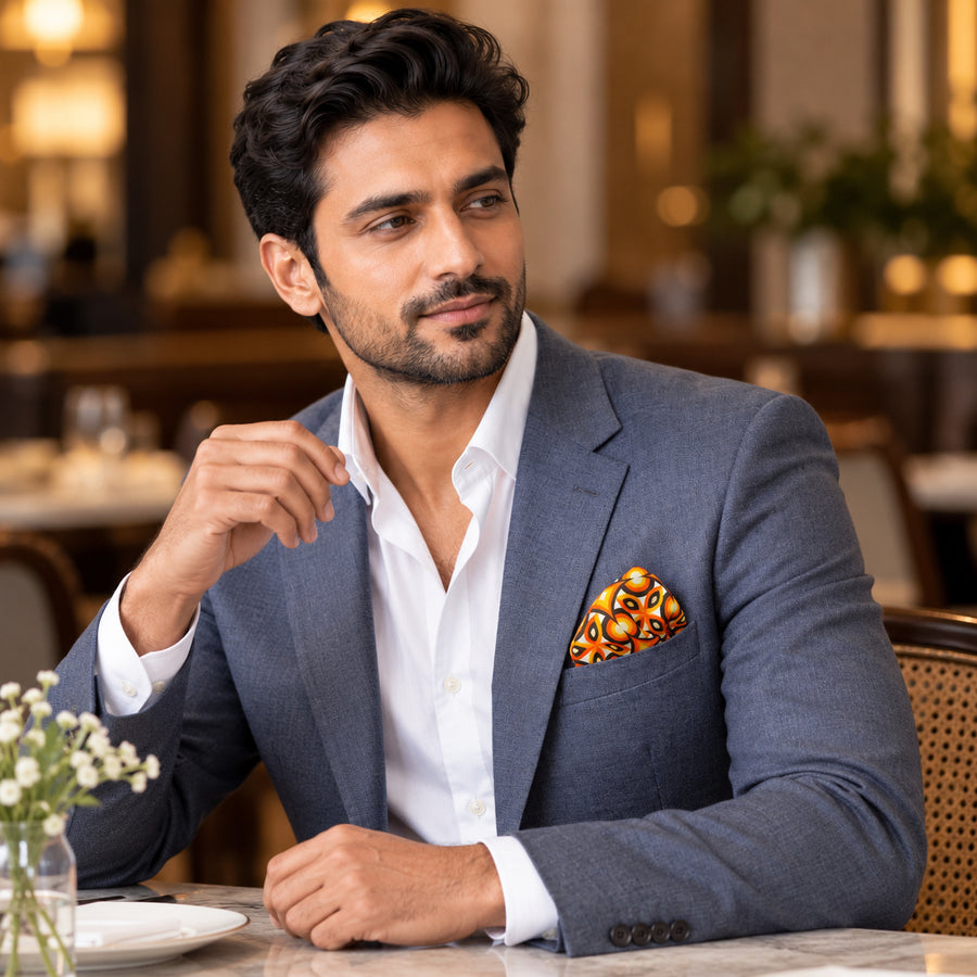 Geometric Repeat Pattern pocket square — restaurant lifestyle.