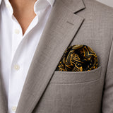 Gold Ornamental pocket square — light jacket · wearing detail.