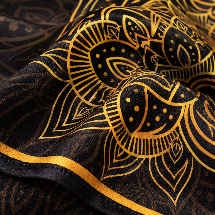 Gold Ornamental pocket square — fabric and design close-up.