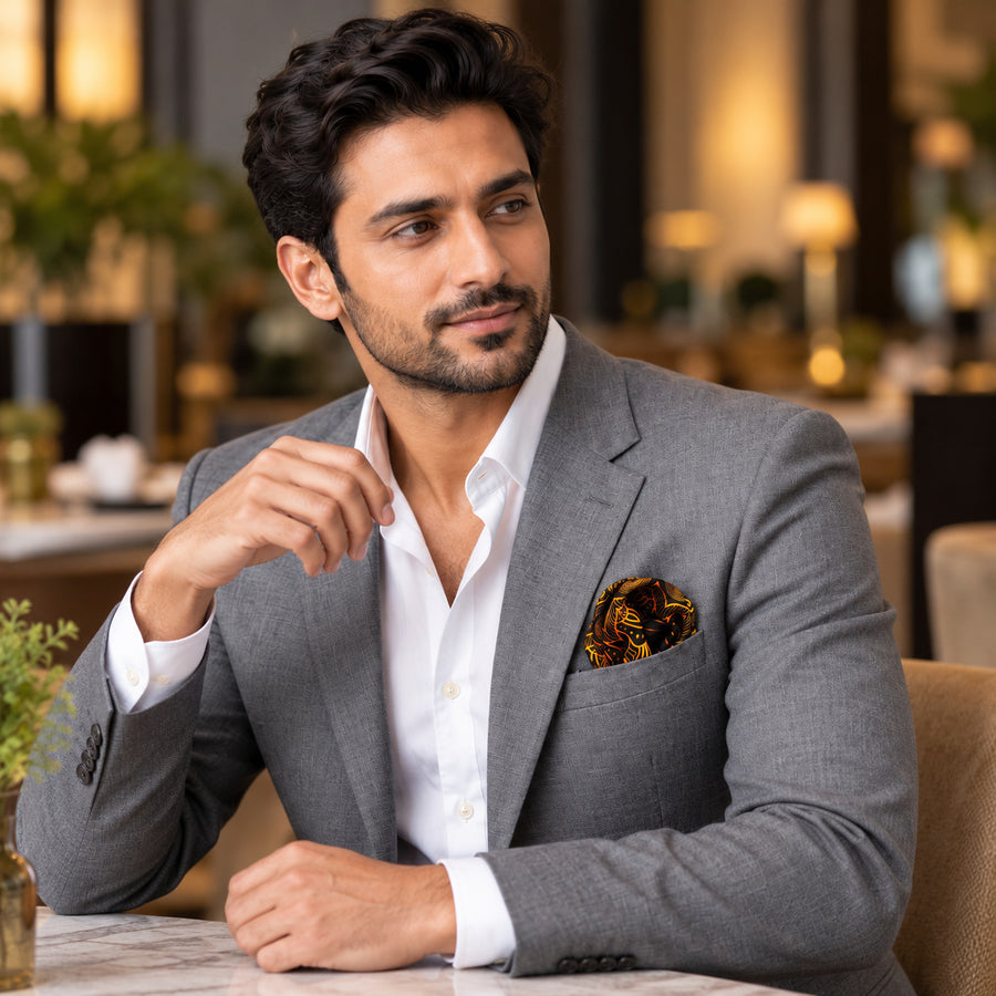 Gold Ornamental pocket square — restaurant lifestyle.