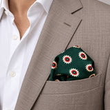 Green and Gold Reversible pocket square — light jacket · wearing detail.