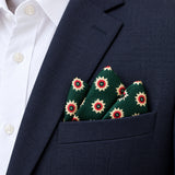 Green and Gold Reversible pocket square — navy jacket · alternate fold.