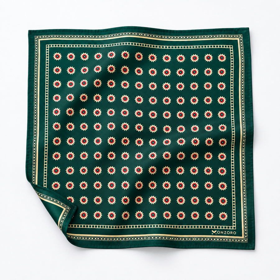 Green and Gold Reversible pocket square — unfolded studio detail.