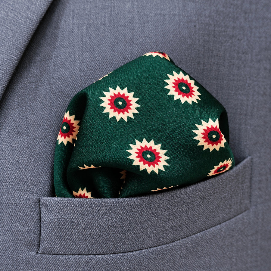 Green and Gold Reversible pocket square — close-up wearing detail.