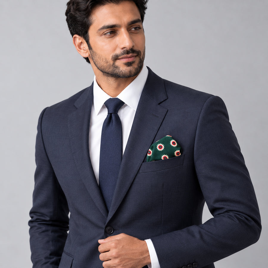 Green and Gold Reversible pocket square — formal model · navy and tie.