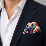 Hawaiian Flower pocket square — navy jacket · wearing detail.