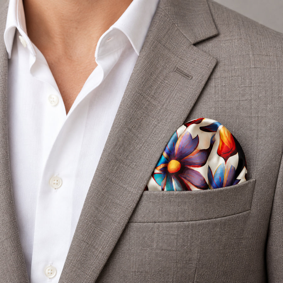 Hawaiian Flower pocket square — light jacket · wearing detail.