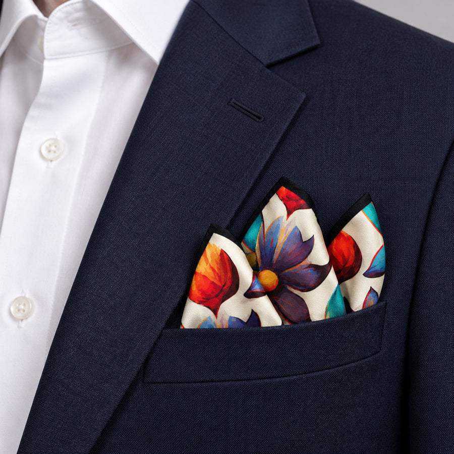 Hawaiian Flower pocket square — navy jacket · alternate fold.