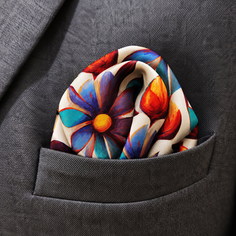 Hawaiian Flower pocket square — close-up wearing detail.