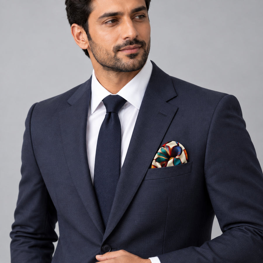 Hawaiian Flower pocket square — formal model · navy and tie.