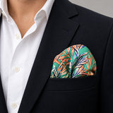 In The Jungle pocket square — navy jacket · wearing detail.