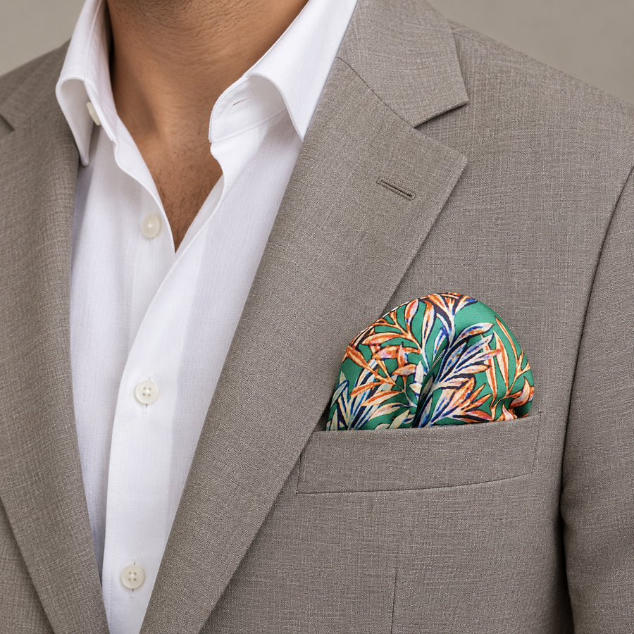 In The Jungle pocket square — light jacket · wearing detail.