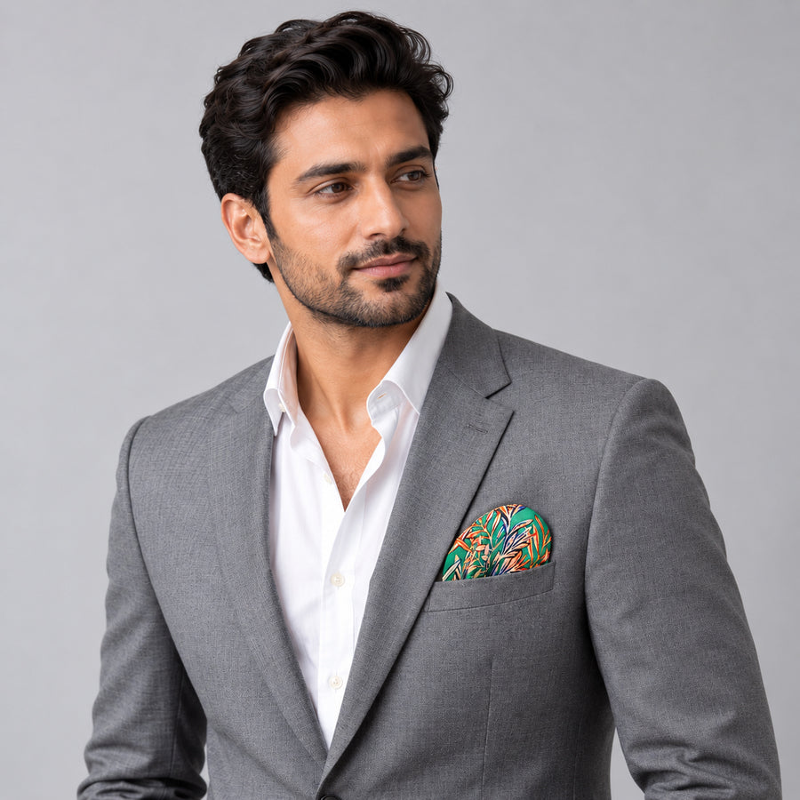In The Jungle pocket square — model · light grey and open collar.