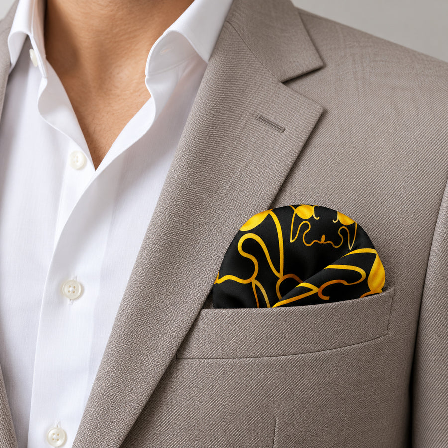 Golden Reverie pocket square — light jacket · wearing detail.