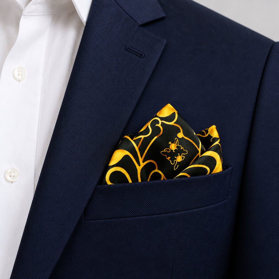 Golden Reverie pocket square — navy jacket · alternate fold.