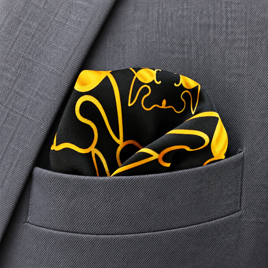 Golden Reverie pocket square — close-up wearing detail.