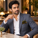 Golden Reverie pocket square — restaurant lifestyle.