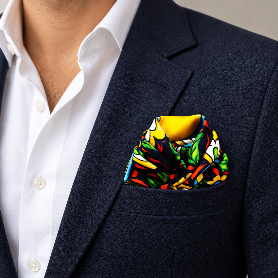 Italian Seamless pocket square — navy jacket · wearing detail.