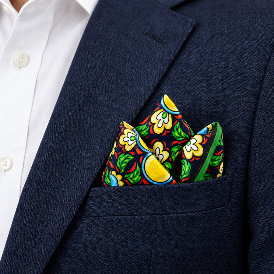 Italian Seamless pocket square — navy jacket · alternate fold.