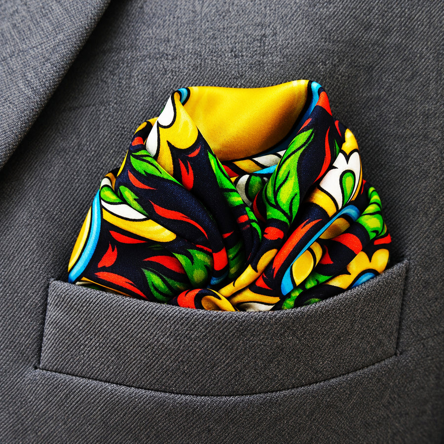 Italian Seamless pocket square — close-up wearing detail.