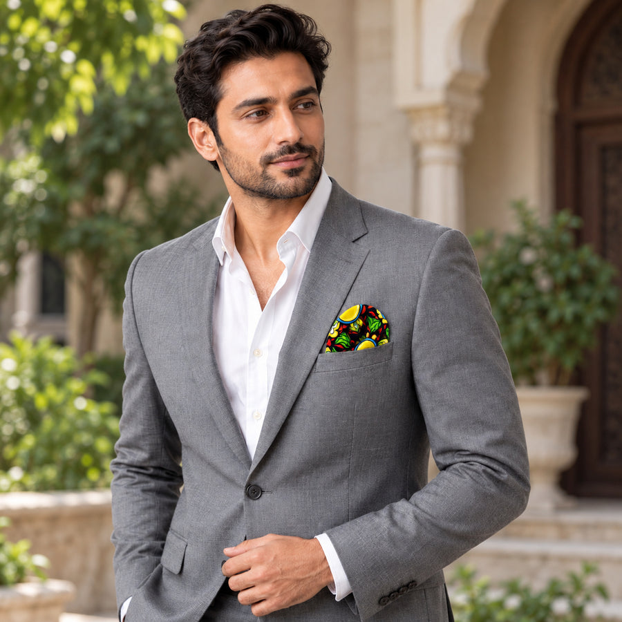 Italian Seamless pocket square — outdoor lifestyle.