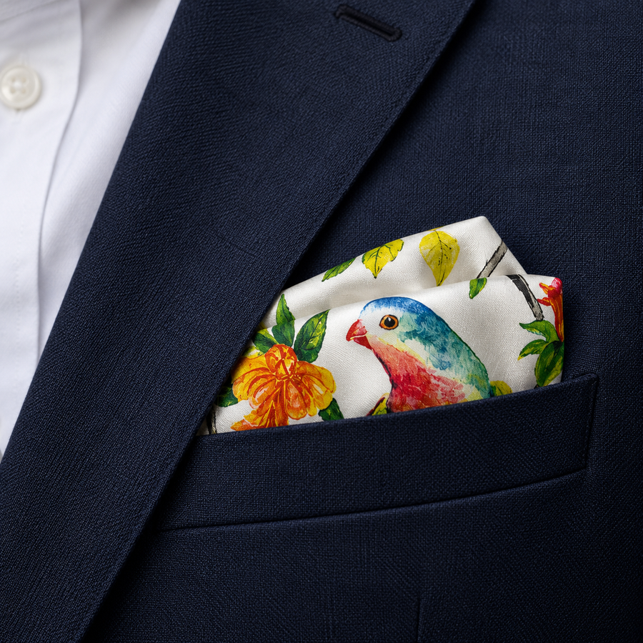 Ivory Parrot Garden Silk Pocket Square