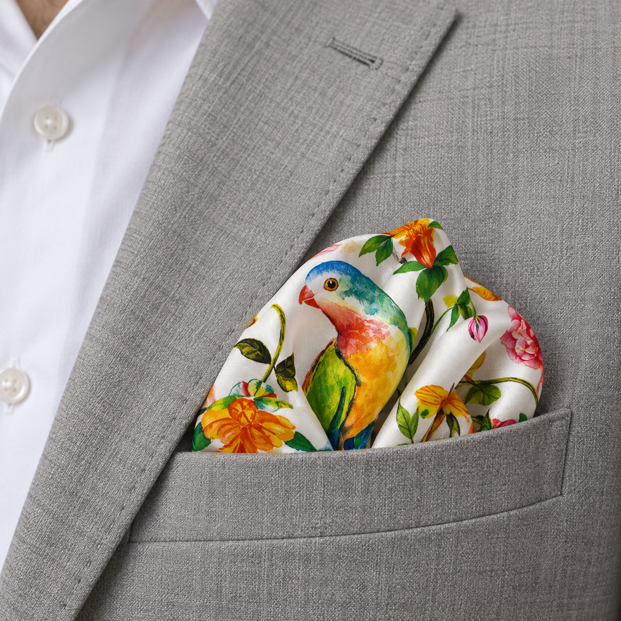 Ivory Parrot Garden Silk Pocket Square