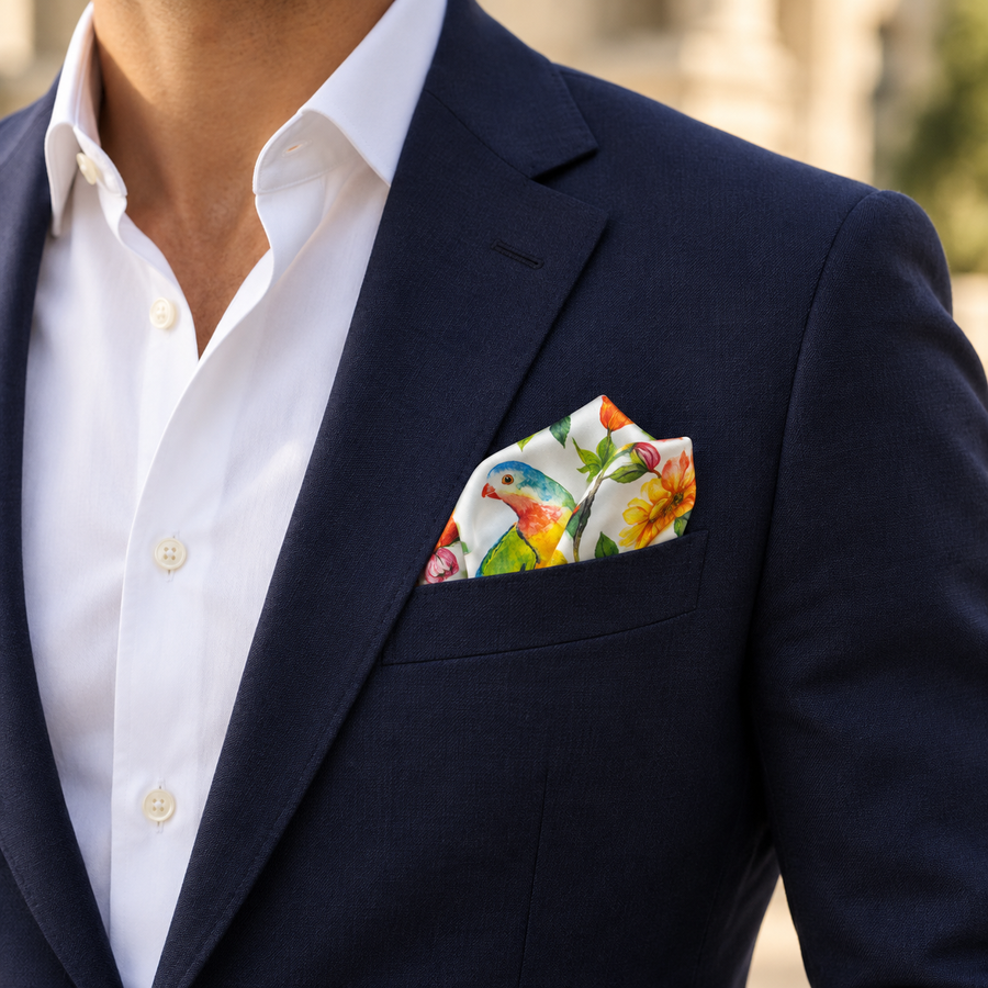 Ivory Parrot Garden Silk Pocket Square
