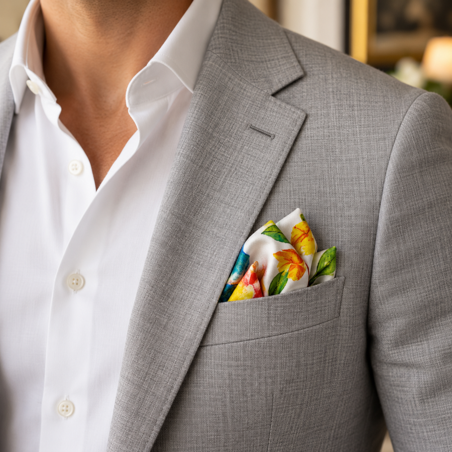 Ivory Parrot Garden Silk Pocket Square