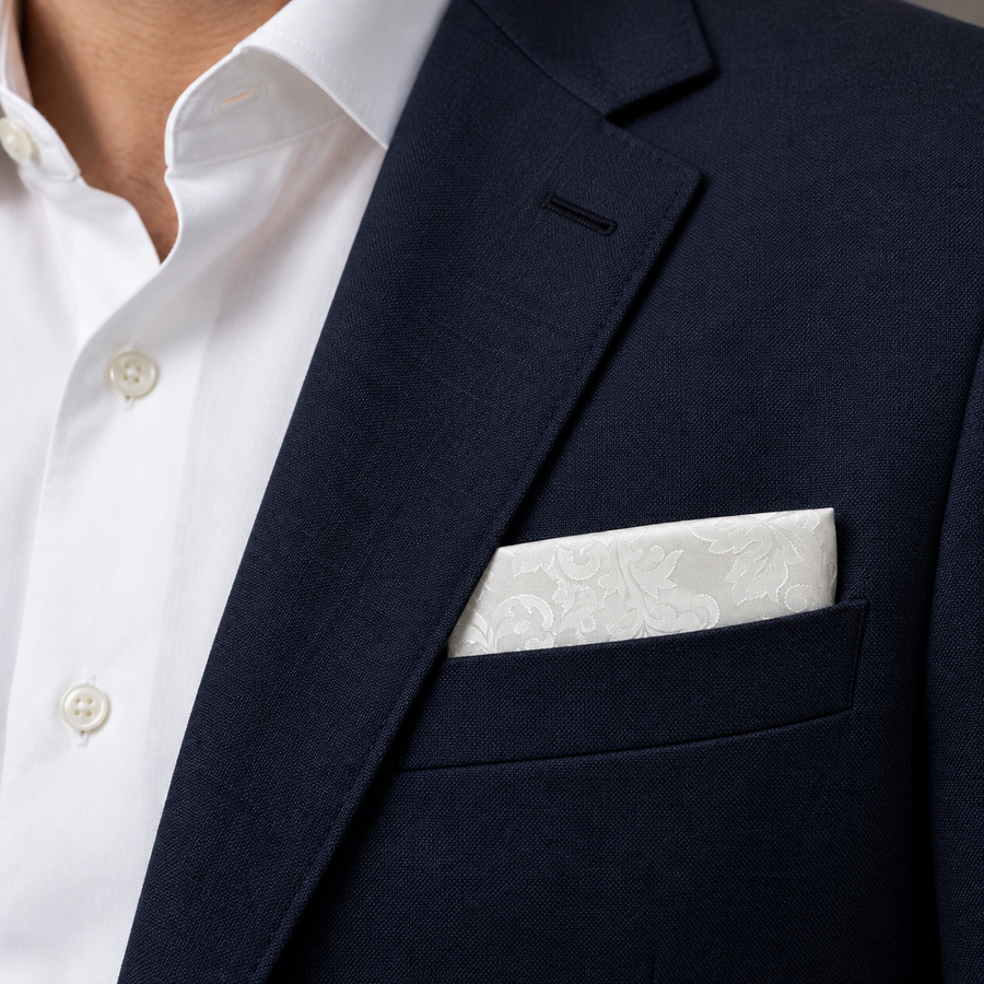 Ivory Scroll Damask Silk Pocket Square — product photograph 7