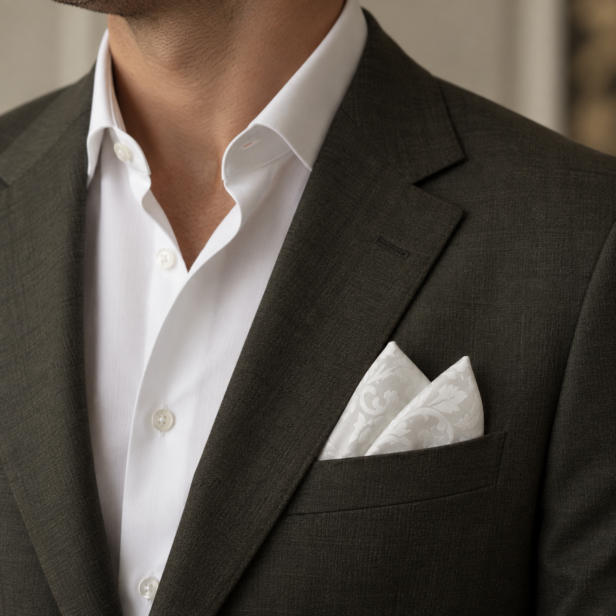 Ivory Scroll Damask Silk Pocket Square — product photograph 2