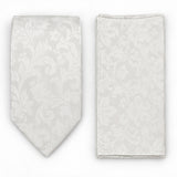 Ivory Scroll Damask silk tie and matching pocket square — Matching weave and hem