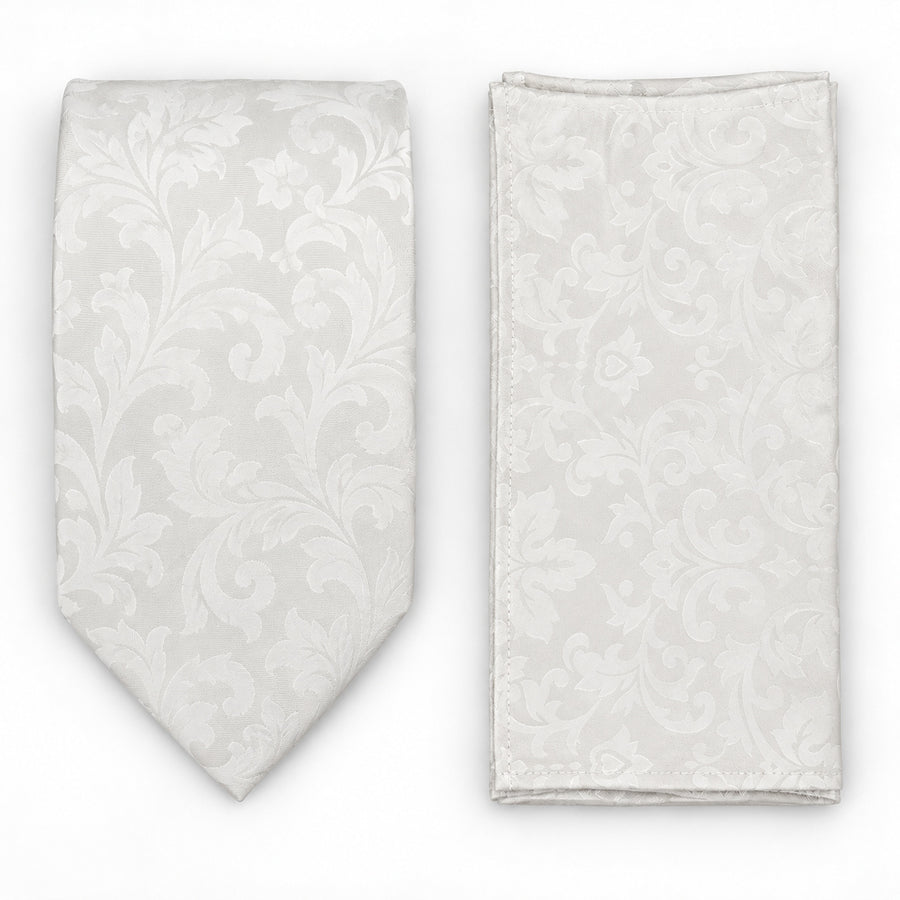 Ivory Scroll Damask silk tie and matching pocket square — Matching weave and hem
