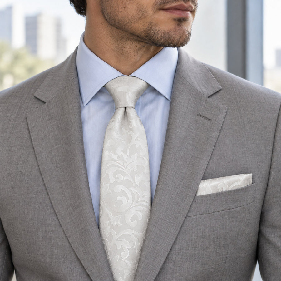 Ivory Scroll Damask silk tie and matching pocket square — Stone grey · pale blue shirt