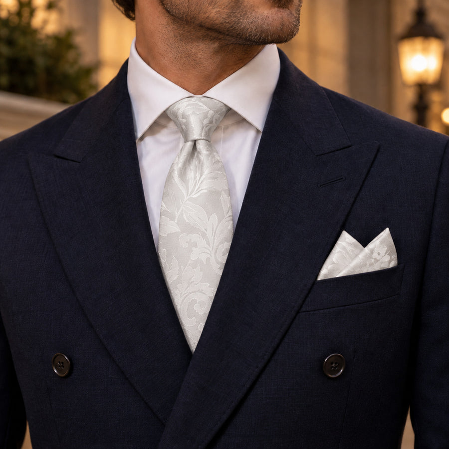 Ivory Scroll Damask silk tie and matching pocket square — Midnight blue · evening detail