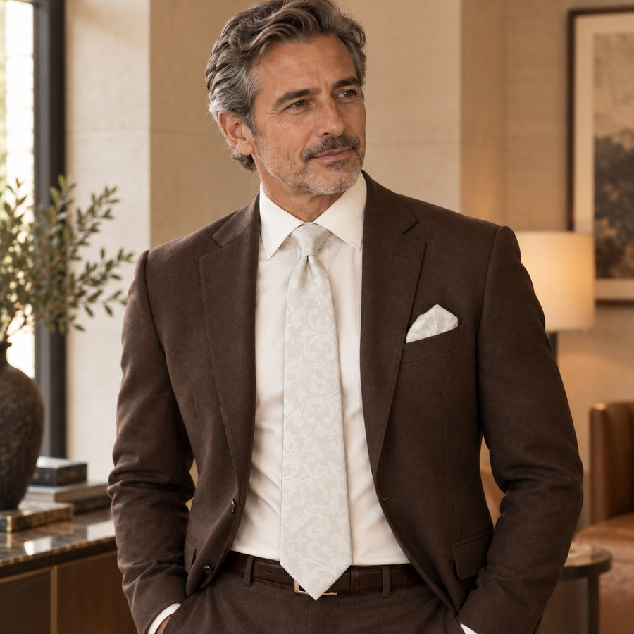 Ivory Scroll Damask silk tie and matching pocket square — Deep brown · relaxed portrait