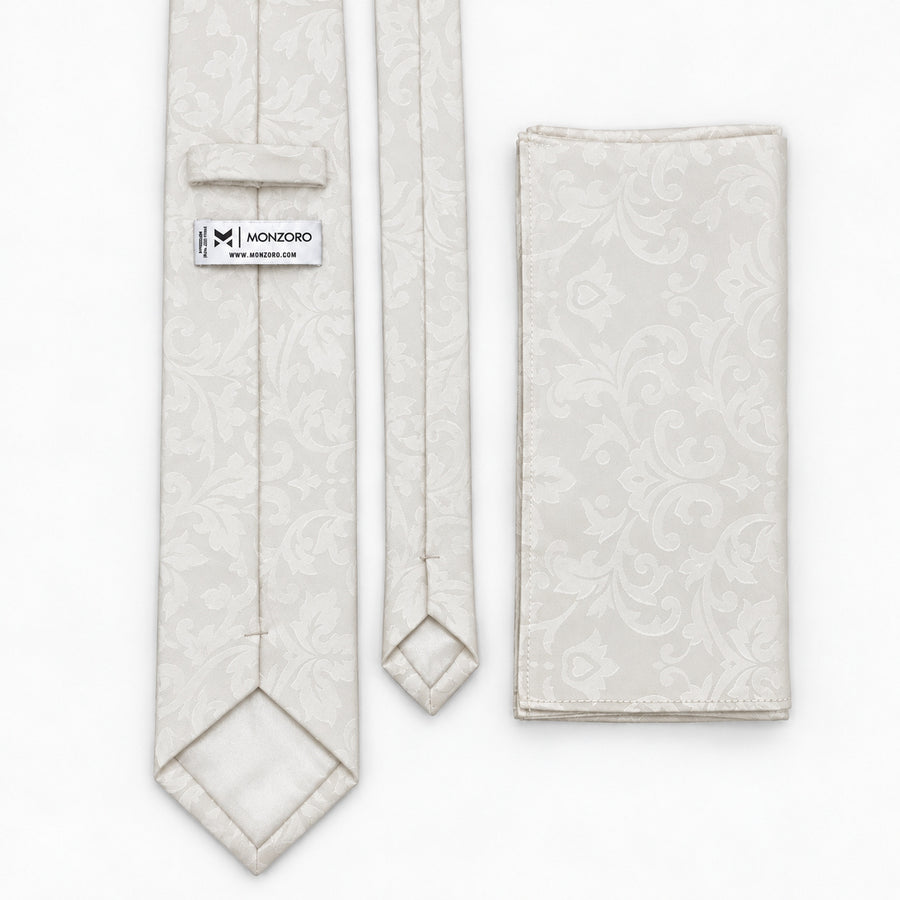 Ivory Scroll Damask silk tie and matching pocket square — Rear construction and matching fold