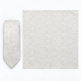 Ivory Scroll Damask silk tie and matching pocket square — Full square · overhead pair