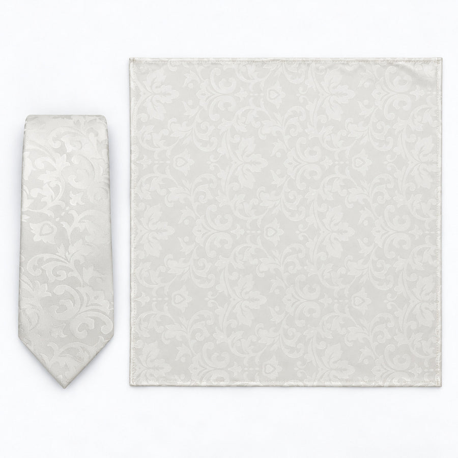 Ivory Scroll Damask silk tie and matching pocket square — Full square · overhead pair