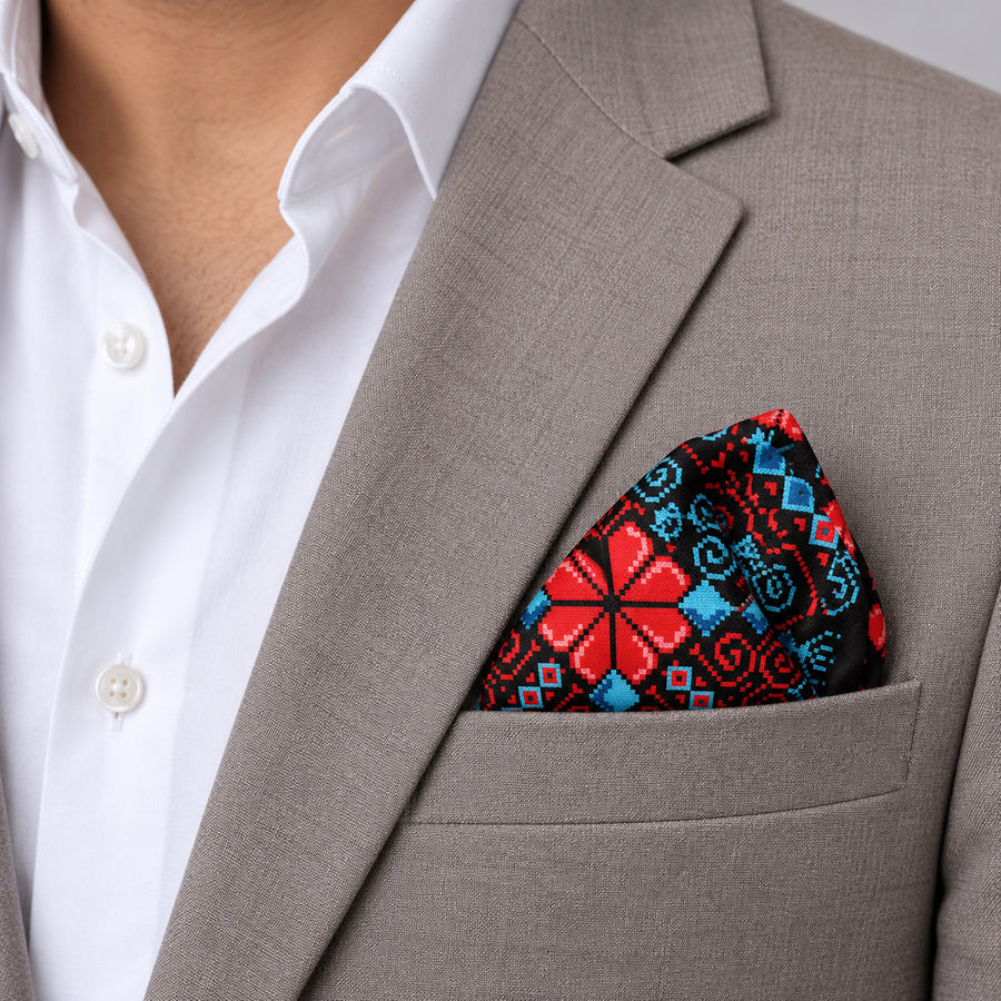 Kaleidoscope pocket square — light jacket · wearing detail.