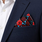 Kaleidoscope pocket square — navy jacket · alternate fold.