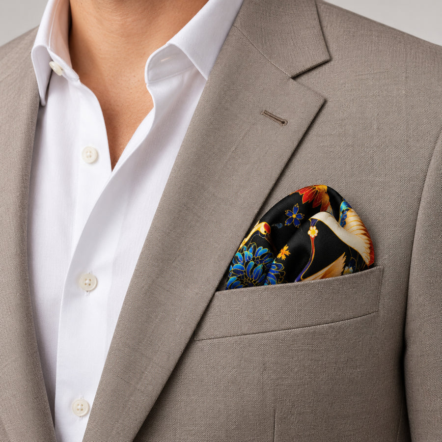 Mandarin Heron Black pocket square — light jacket · wearing detail.