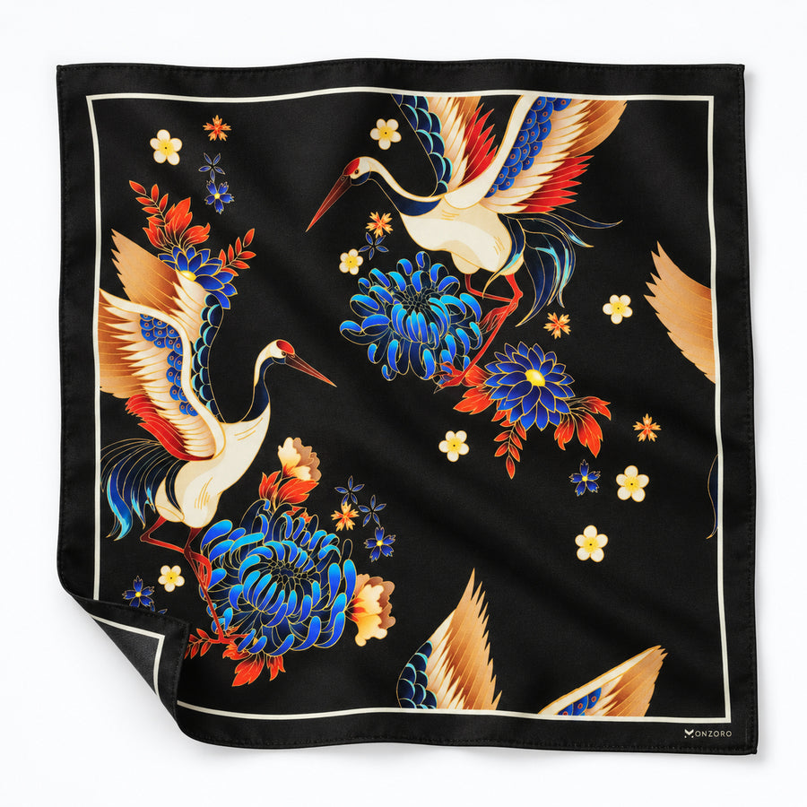 Mandarin Heron Black pocket square — unfolded studio detail.