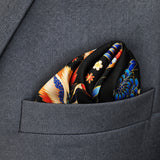 Mandarin Heron Black pocket square — close-up wearing detail.