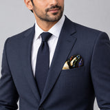 Mandarin Heron Black pocket square — formal model · navy and tie.
