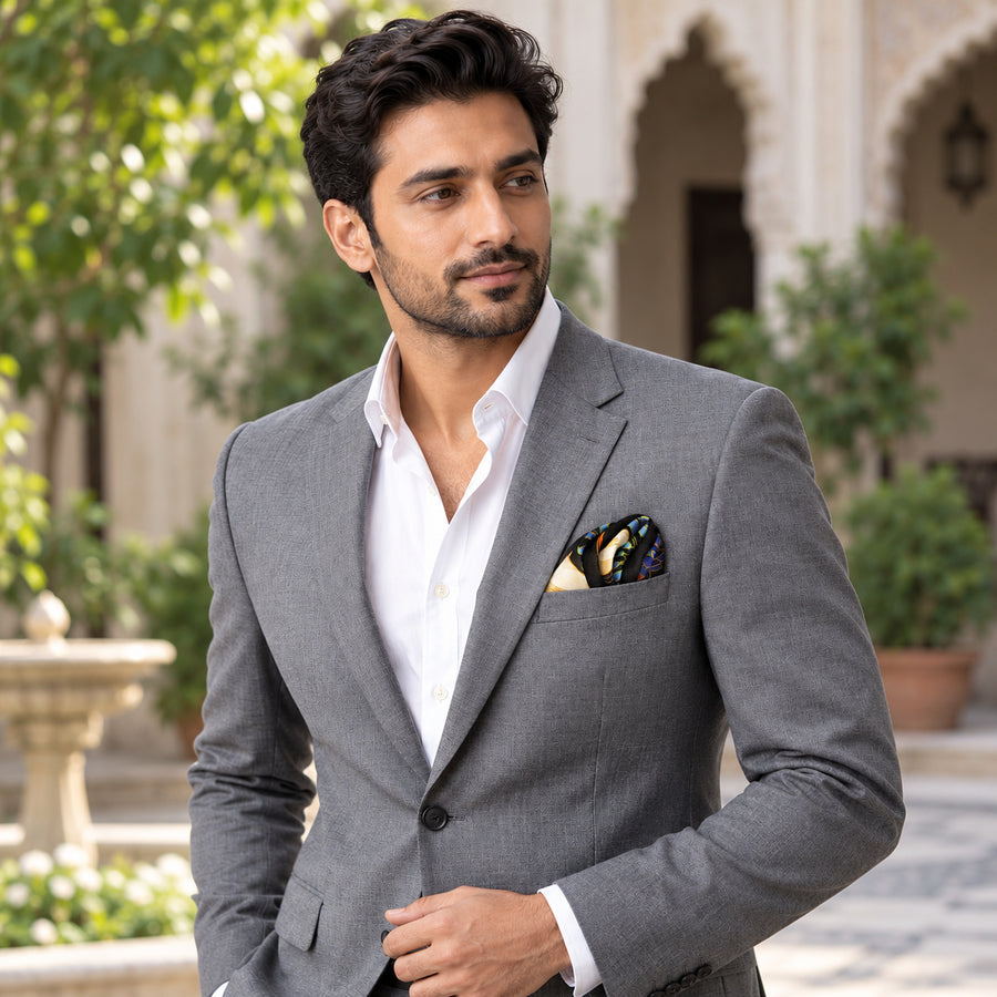 Mandarin Heron Black pocket square — outdoor lifestyle.