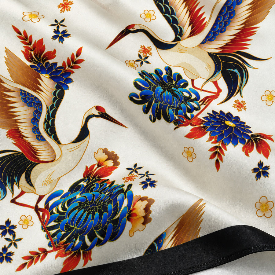 Mandarin Heron White pocket square — fabric and design close-up.