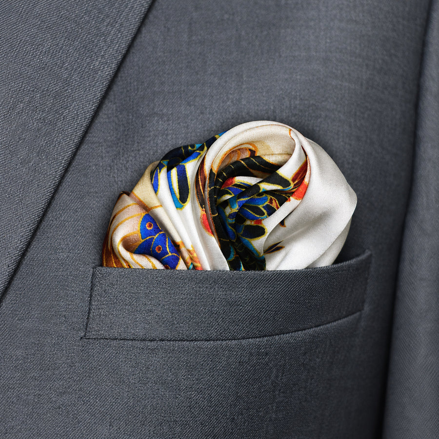 Mandarin Heron White pocket square — close-up wearing detail.