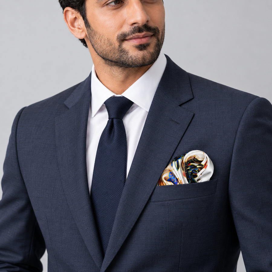 Mandarin Heron White pocket square — formal model · navy and tie.