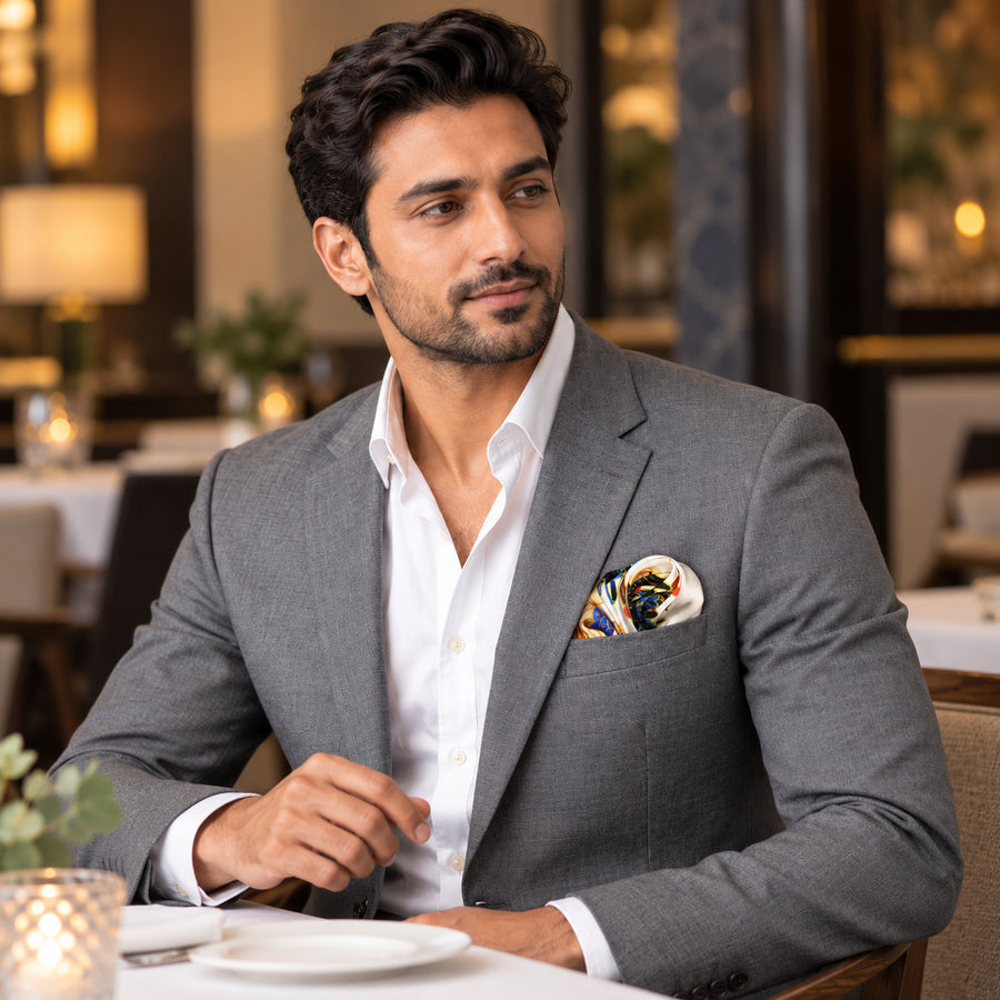 Mandarin Heron White pocket square — restaurant lifestyle.